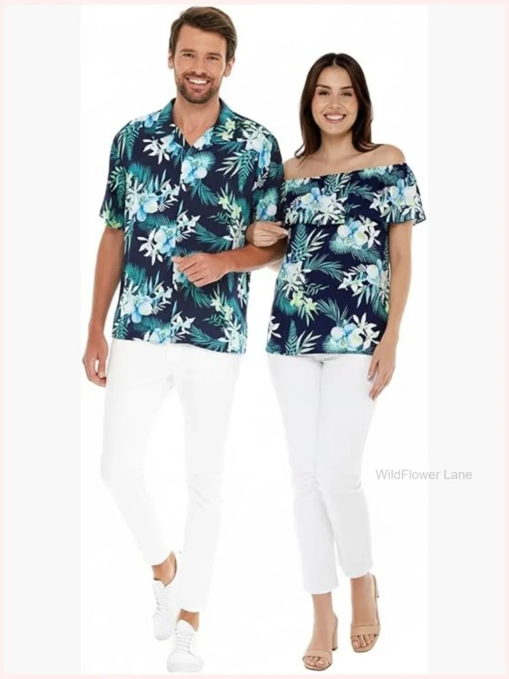 Matching Couple Hawaiian Luau Shirt & Off-Shoulder Ruffle Muumuu Top Set